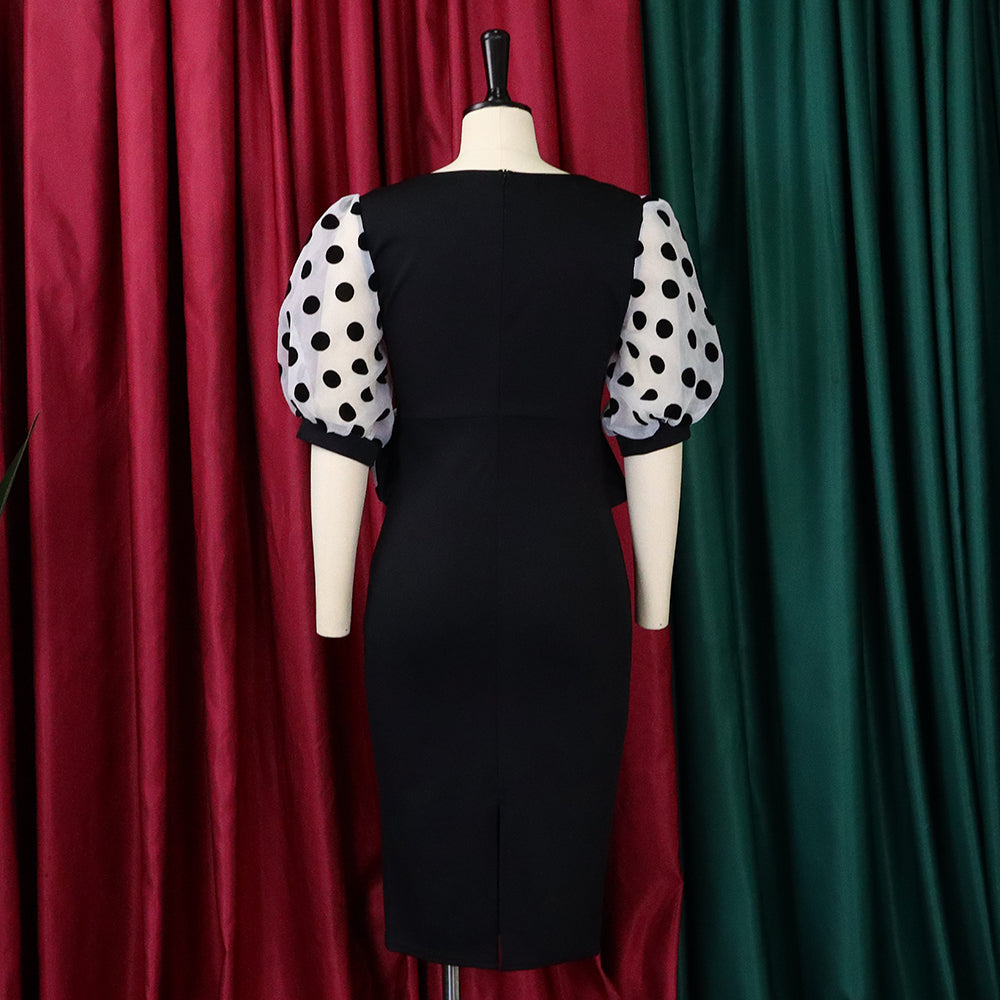 Plus Size Women'S Fashion Dot Mesh Patchwork V Neck Chic Career Bodycon Dress 15