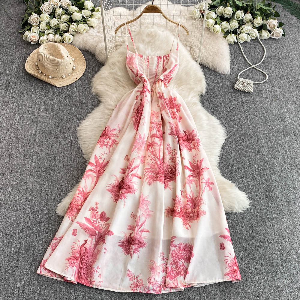Women's Summer Printed Strap Elegant Slim Waist Long Dress 6