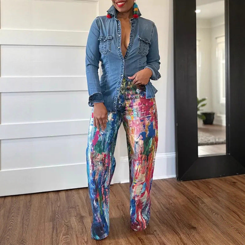 Women's Fashion Casual Straight-Leg Painted Stretch Denim Pants 4