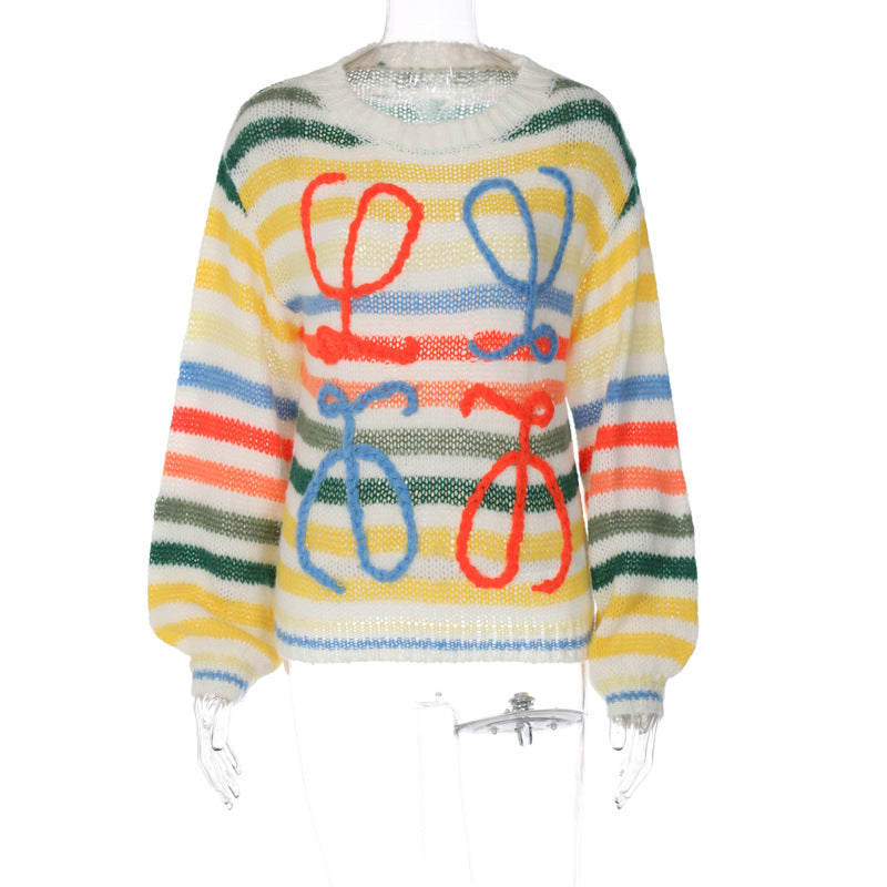 Women's Spring Rainbow Contrast Striped Sweater Women's Loose Pullover Knitting Shirt 8