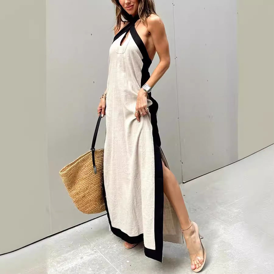 Summer Low Back Halter Neck Split Chic Linen Dress For Women 6