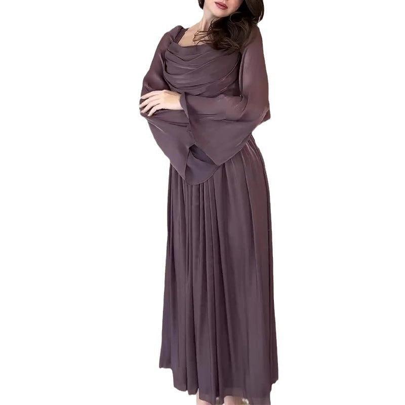 Women French Retro Square Neck Elegant Long Sleeve Pleated Dress 3