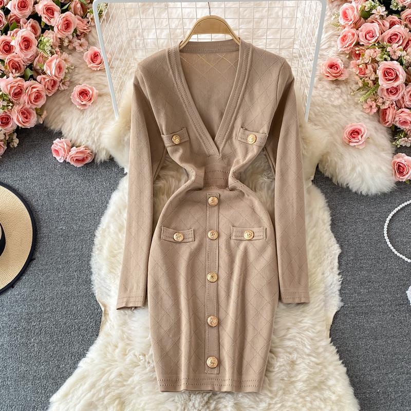 Autumn And Winter Women's V-Neck Long-Sleeved Sweater Dress Slim Fit Bodycon Knitting Dress 11