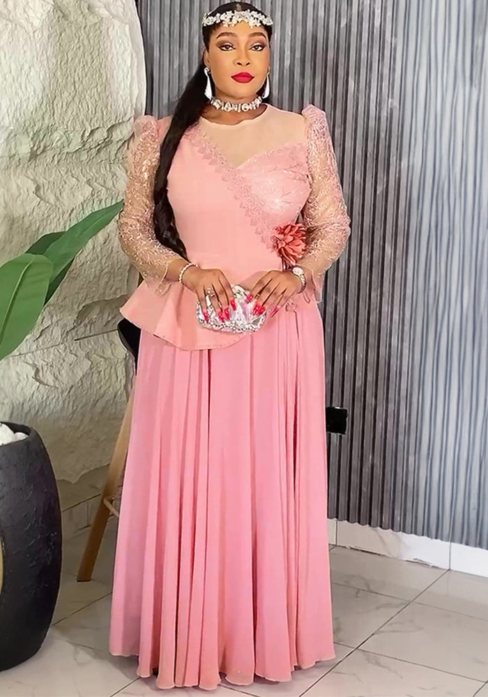 Lace Trim Plus Size African Embroidered Evening Gown