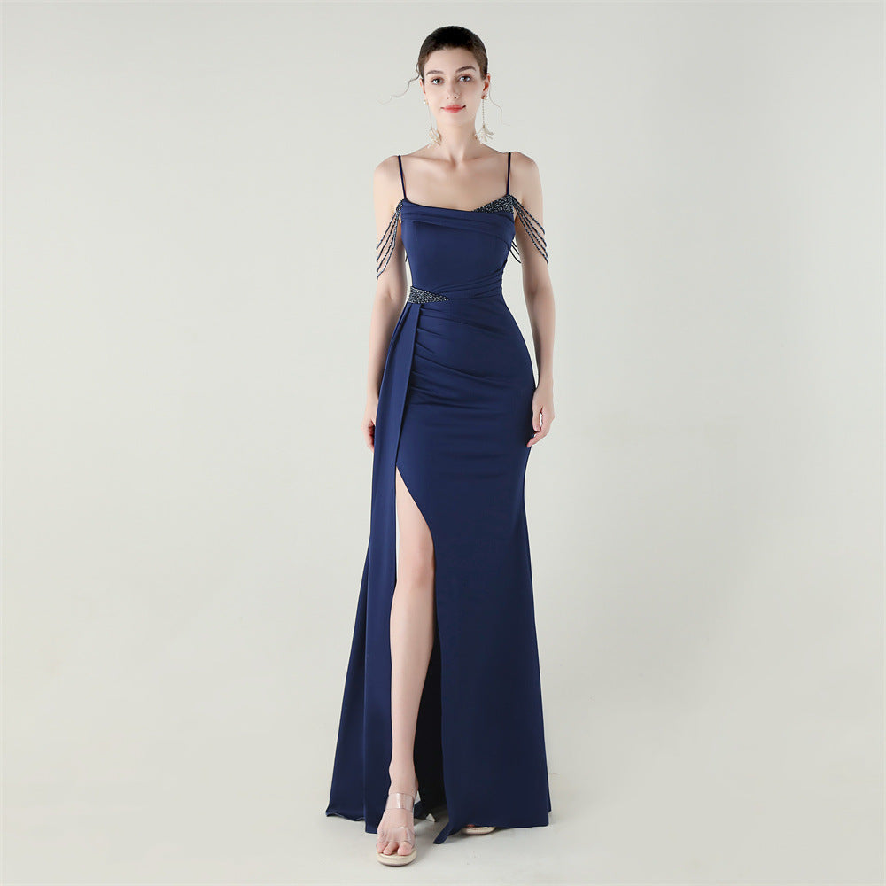 Women beaded chain fishtail slit evening dress 22