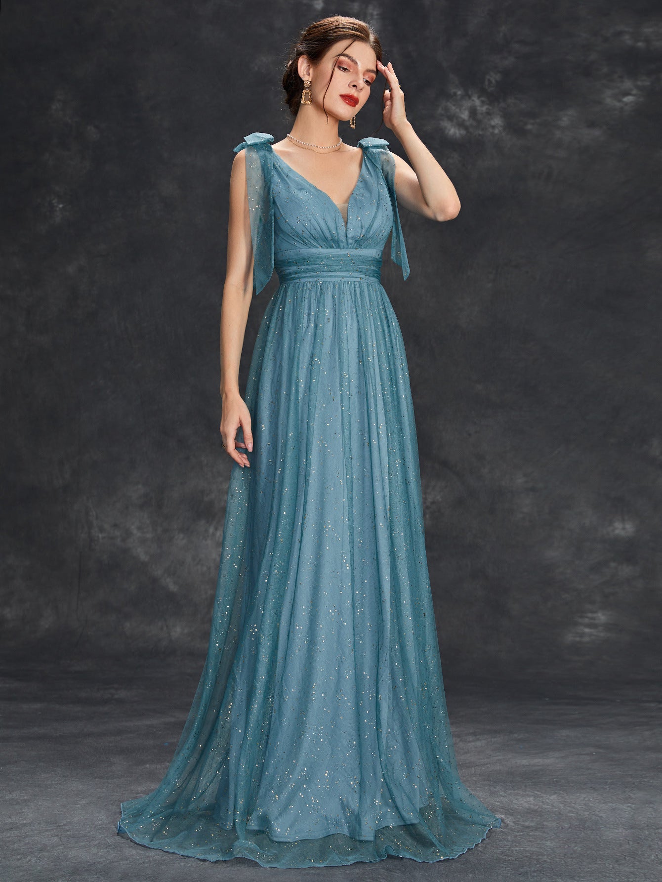 Women sequined bow elegant v-neck ball suspender evening dress（Processing time need 3-6 days） 24