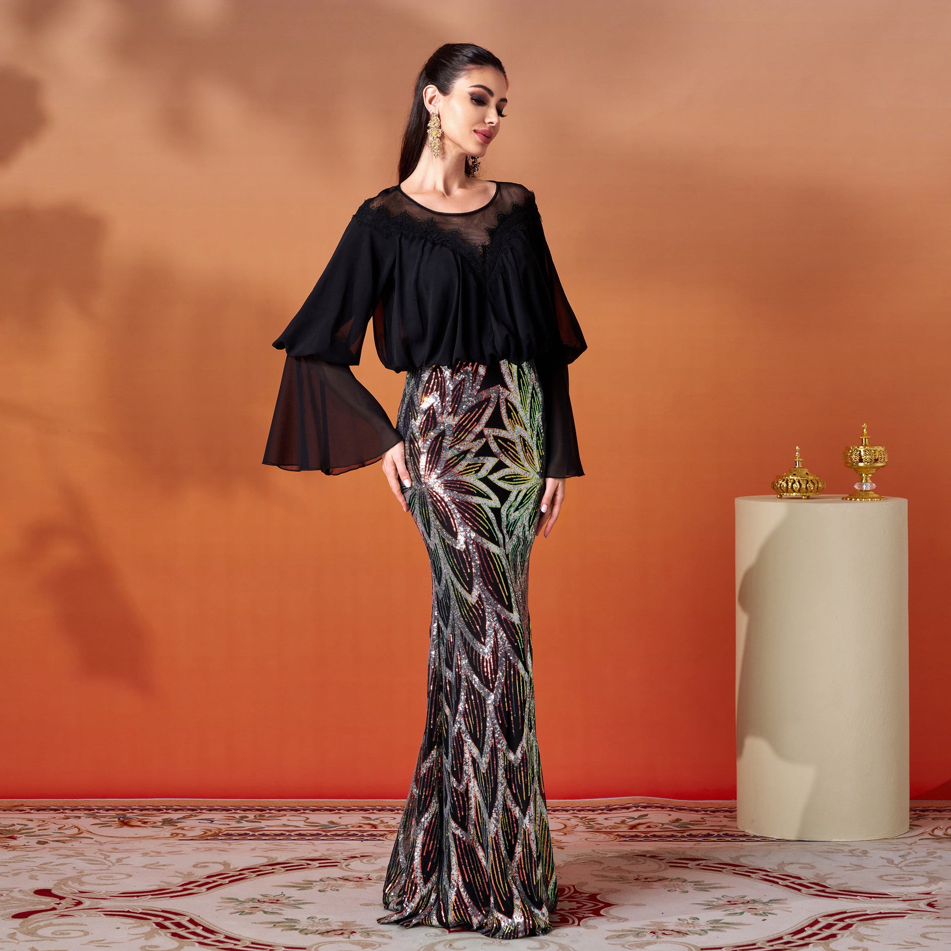 Women Long Sleeve Round Neck Sequin Formal Party Bodycon fishtail evening dress