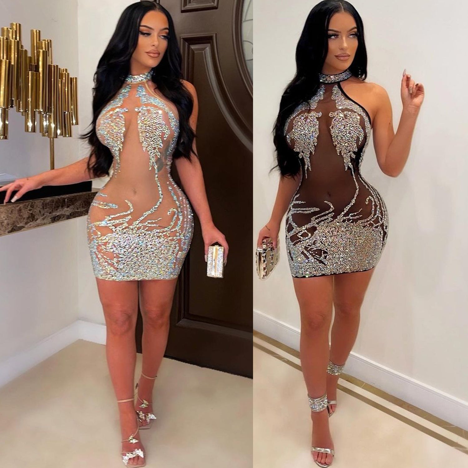 Summer Women's Sexy Tight Fitting Mesh Beaded See-Through Nightclub Ladies Dress 6