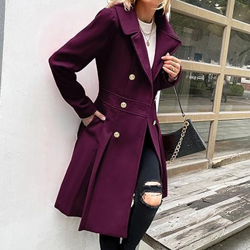 Women Fall and Winter Turndown Collar Double-Breasted Pocket Windbreaker 84