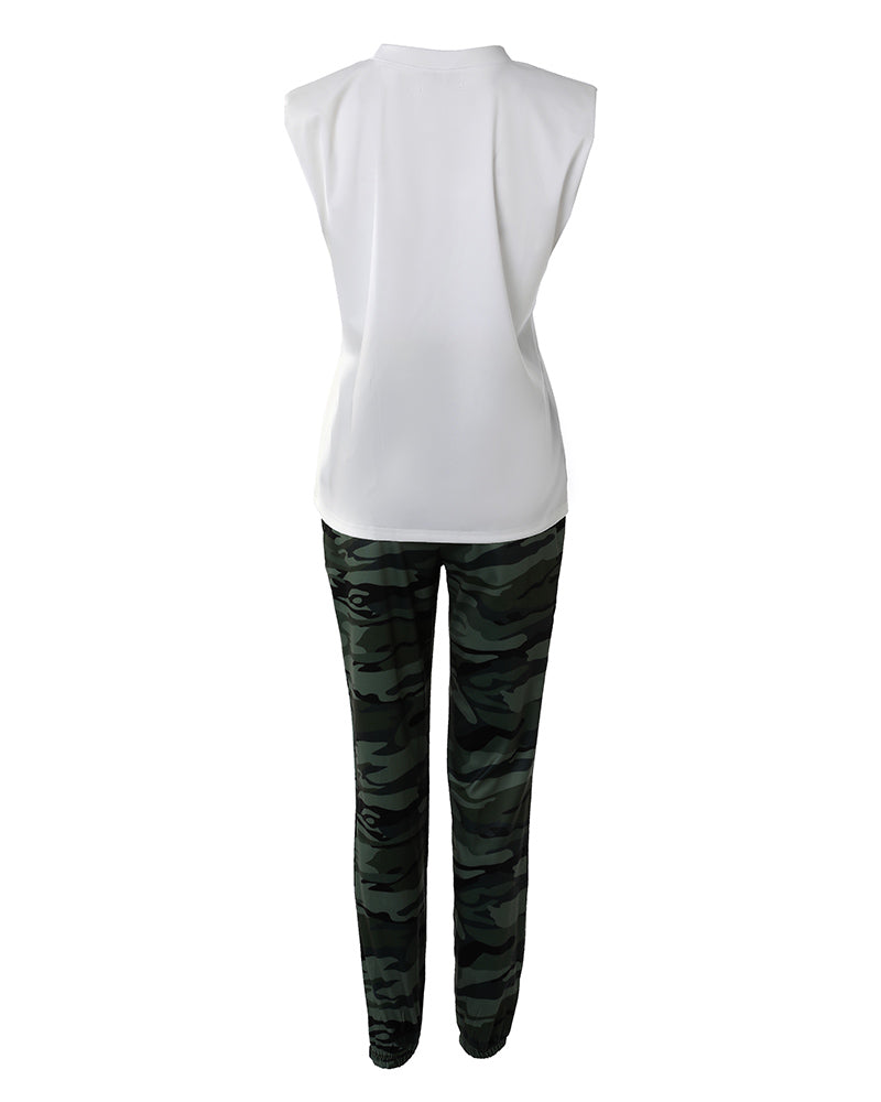 Casual Pad Shoulder Short Sleeve Top And Camouflage Pants Two Piece Set 6