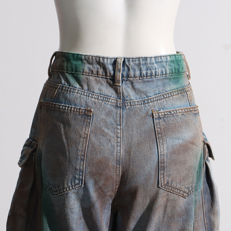 Women Tie Dye Loose Loose Multi Pockets Graffiti Cargo Denim 17