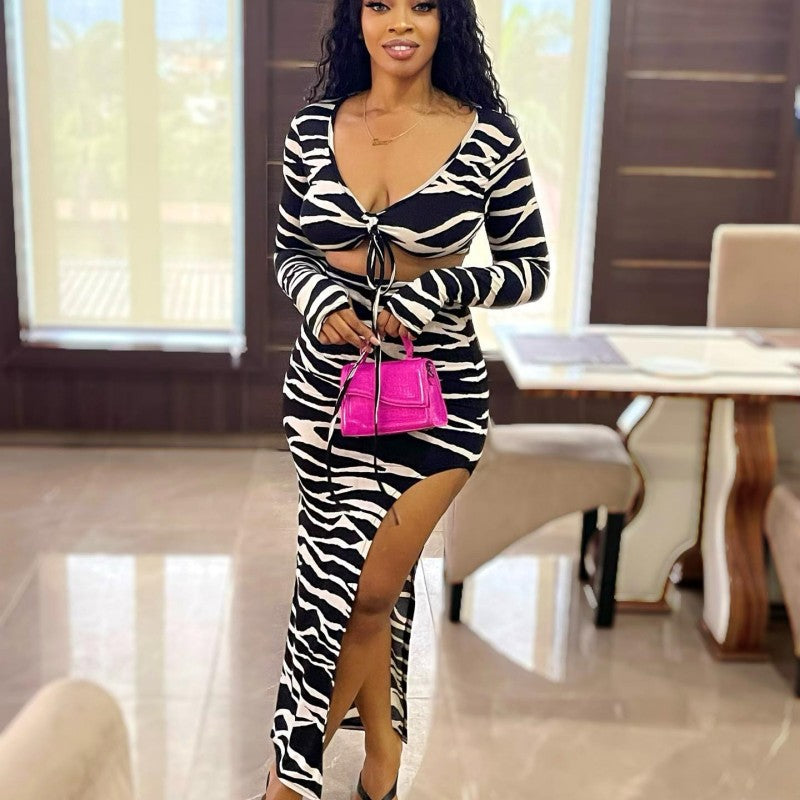 Fall Zebra Print Long Sleeve Tie Crop Top Slit Skirt Two Piece Set 7