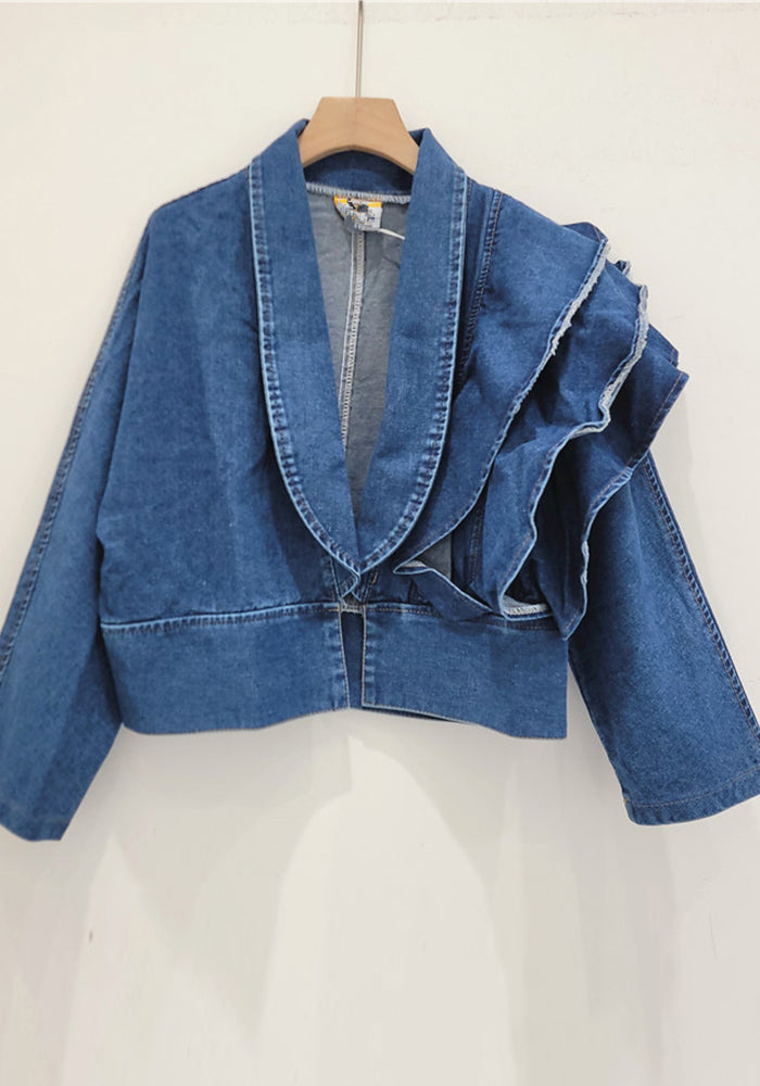 Women Trend Spring Fashion V-Neck Design Ruffle Long Sleeve Short Denim Jacket