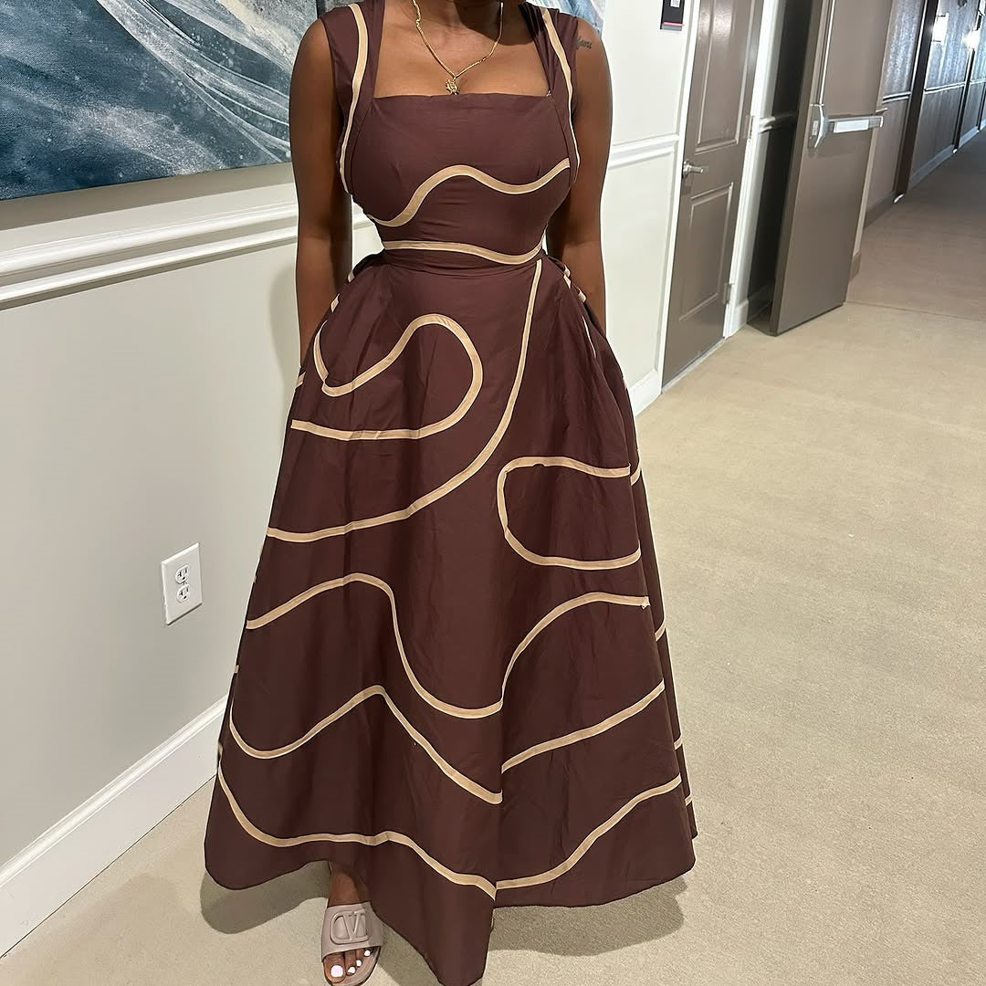 Women's Summer Fashion Strap Square Neck Printed Slim Waist A-Line Dress 15