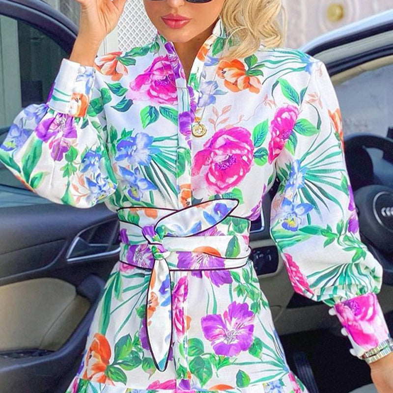 Women'S Fall Floral Printed Long Sleeve Shirt Pleated Dress 6