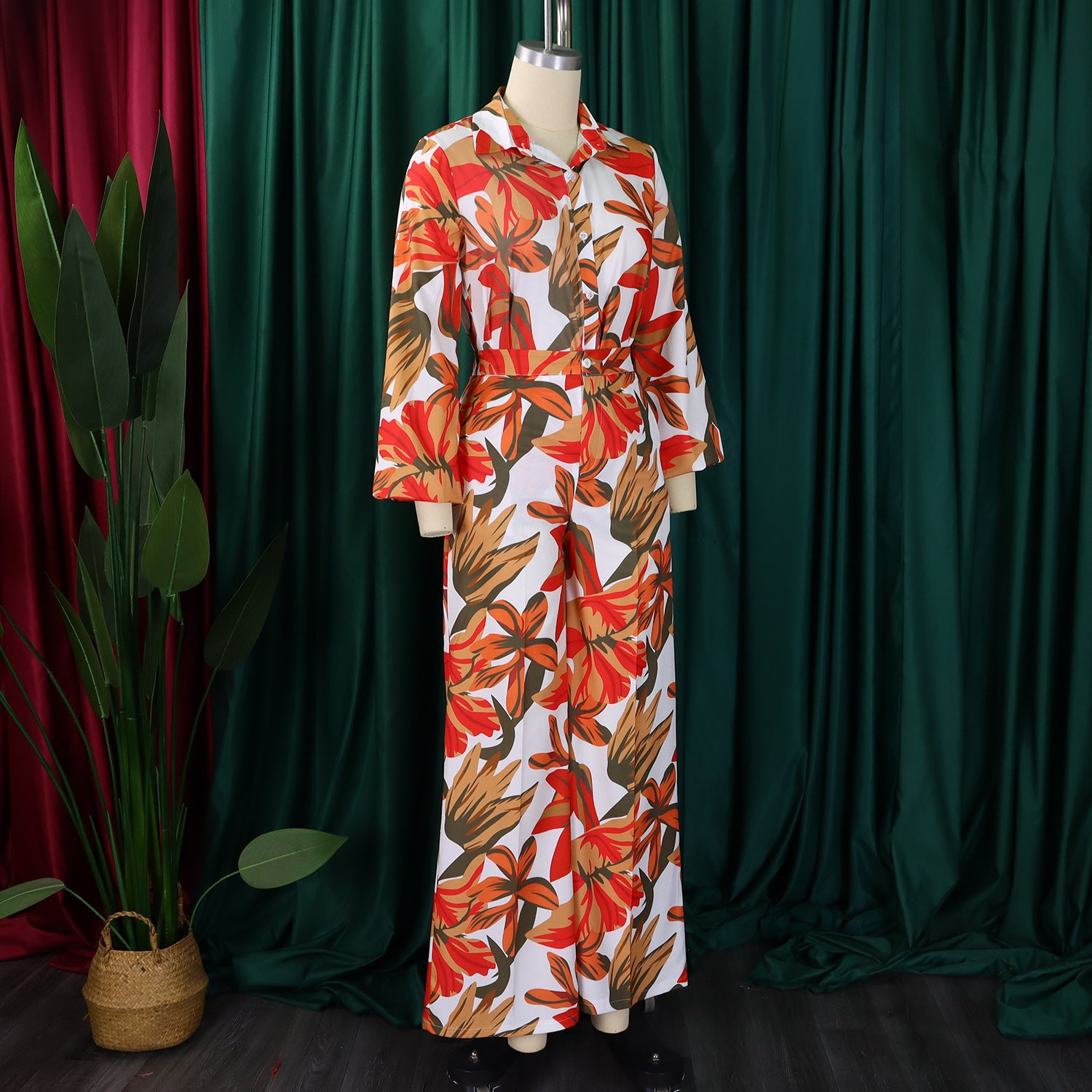 Autumn Spring Printed Long Sleeve Shirt Wide-Leg Pants Two Piece Set 5