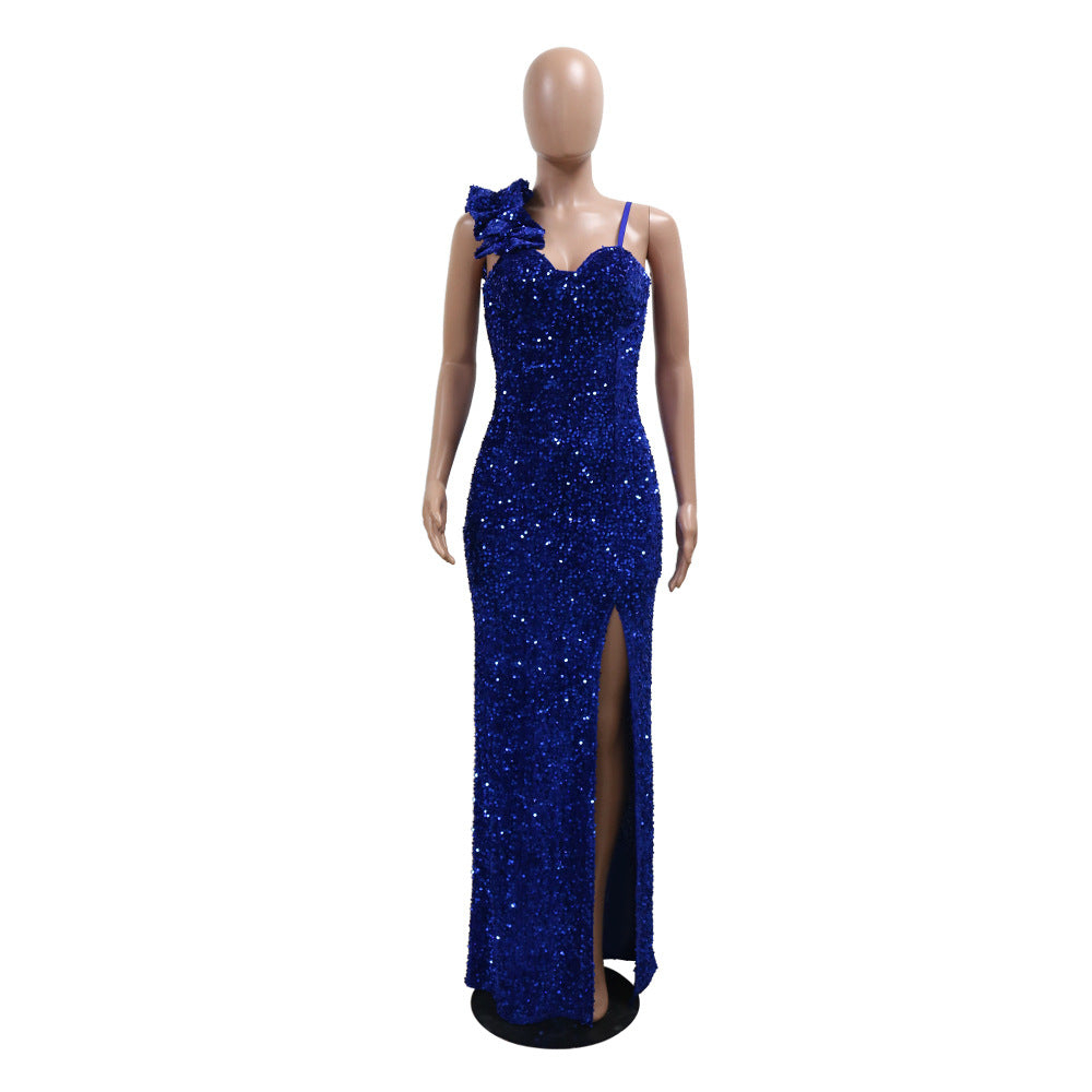 Fashion Women's Clothing Solid Color Strap Sexy Sequin Long Dress Slit Evening Dress 13