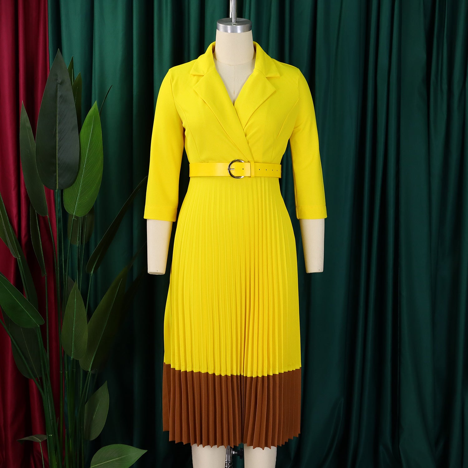 Women's Spring Turndown Collar Fashion Colorblock OL Elegant Pleated High Waist African Dress 13