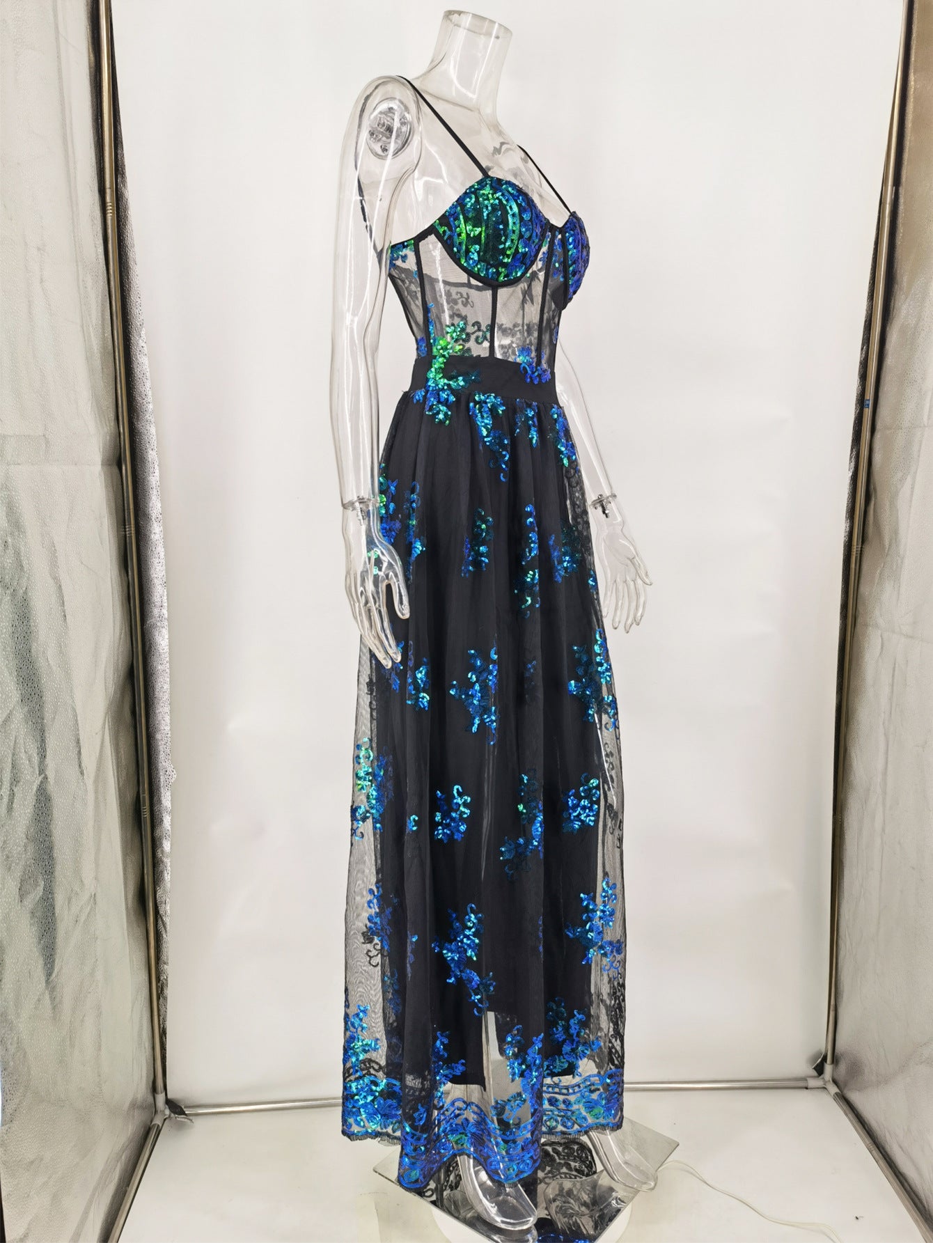 Sexy See-Through Green Sequin Dress Women's Maxi Evening Gown 17