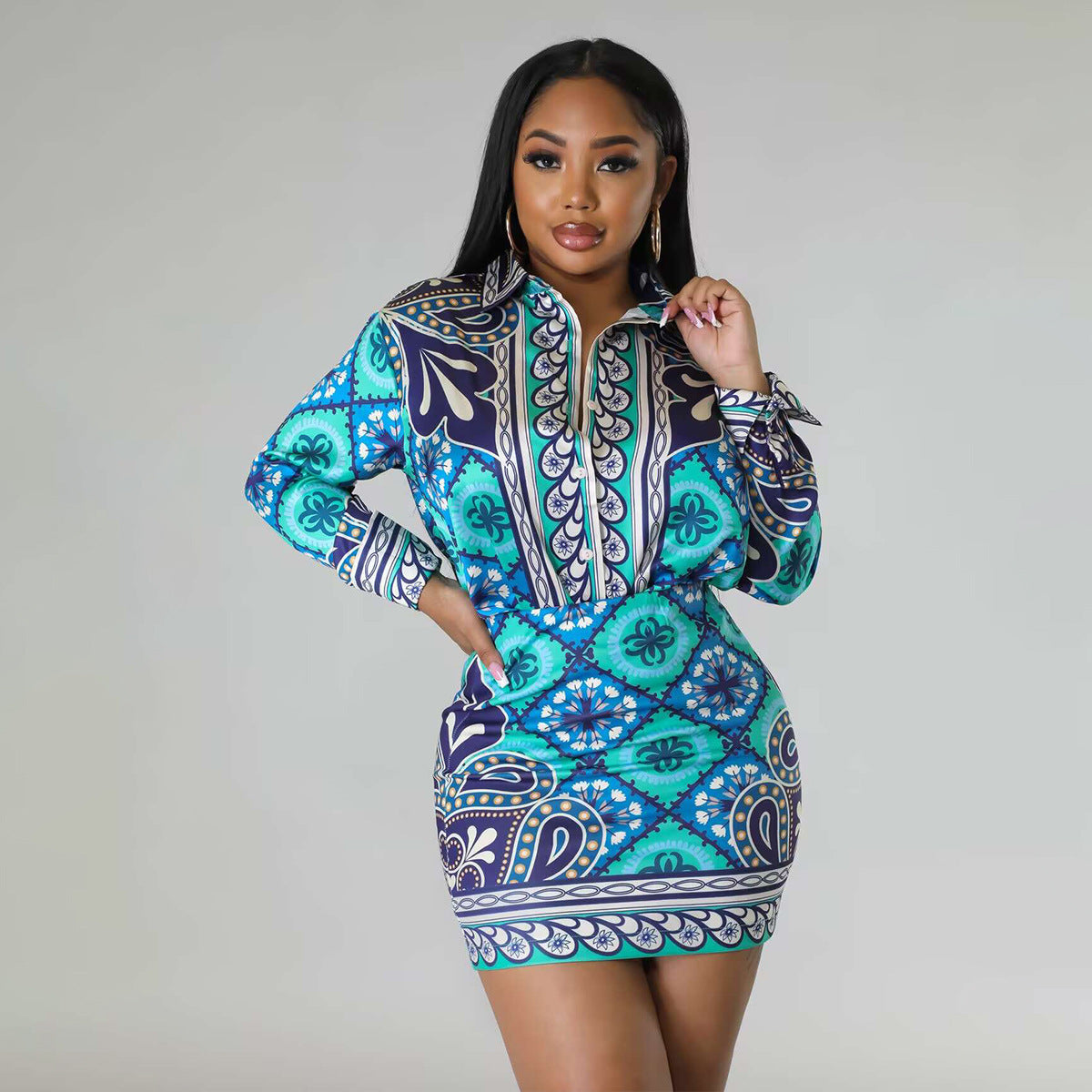 Casual Long Sleeve Printed Shirt Slim Short Skirt Sexy Two-Piece Set 4