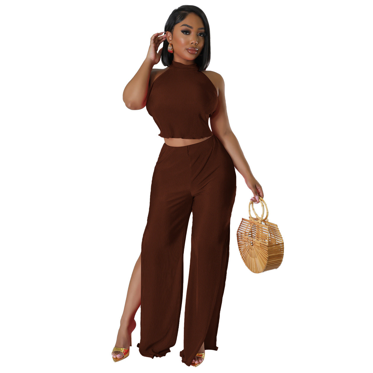 Women Sexy Backless Crop Top and Split Pants Two-Piece Set 7