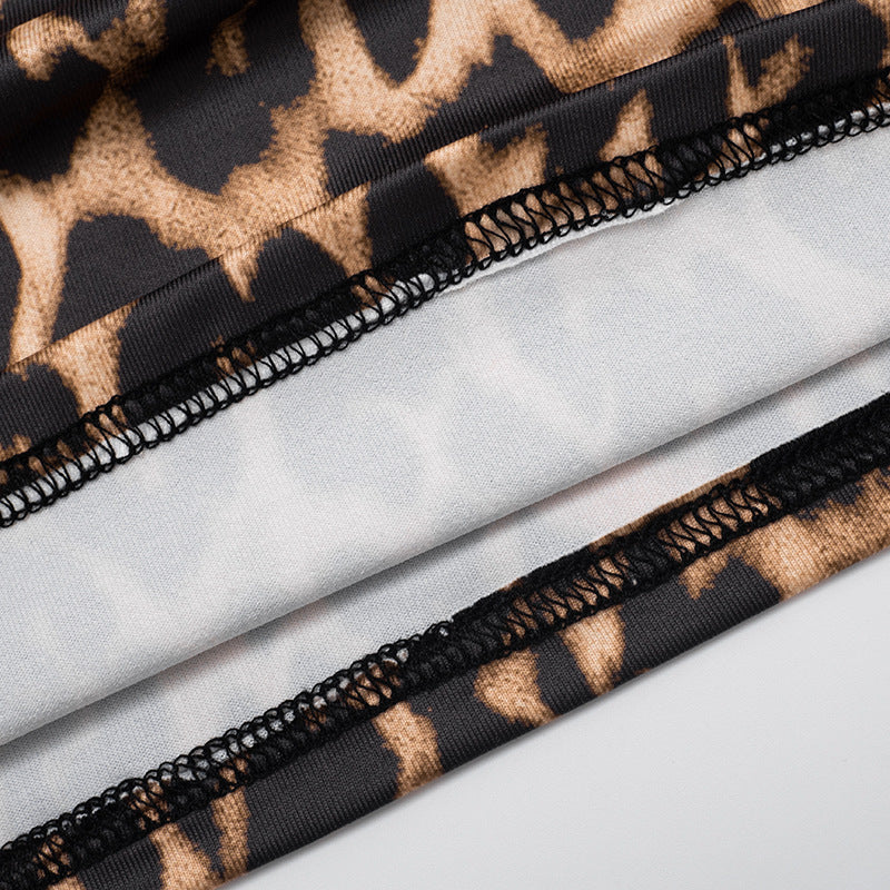 Women's Autumn Winter Leopard Print Off Shoulder Deep V-Neck Finger Sleeve High Waist Pants Set 17