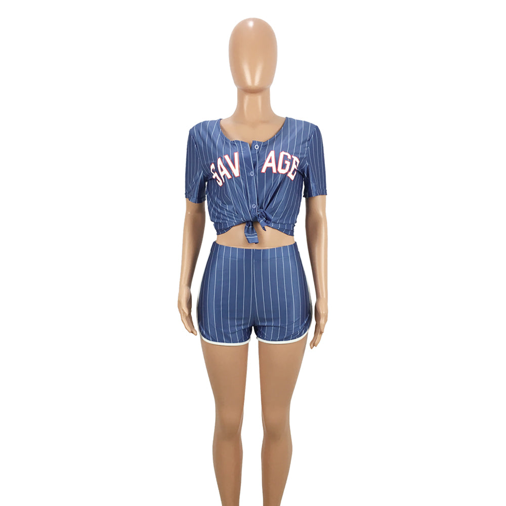 Women Sexy Women Striped Letter Baseball Top and Skirt Two-piece Set 41