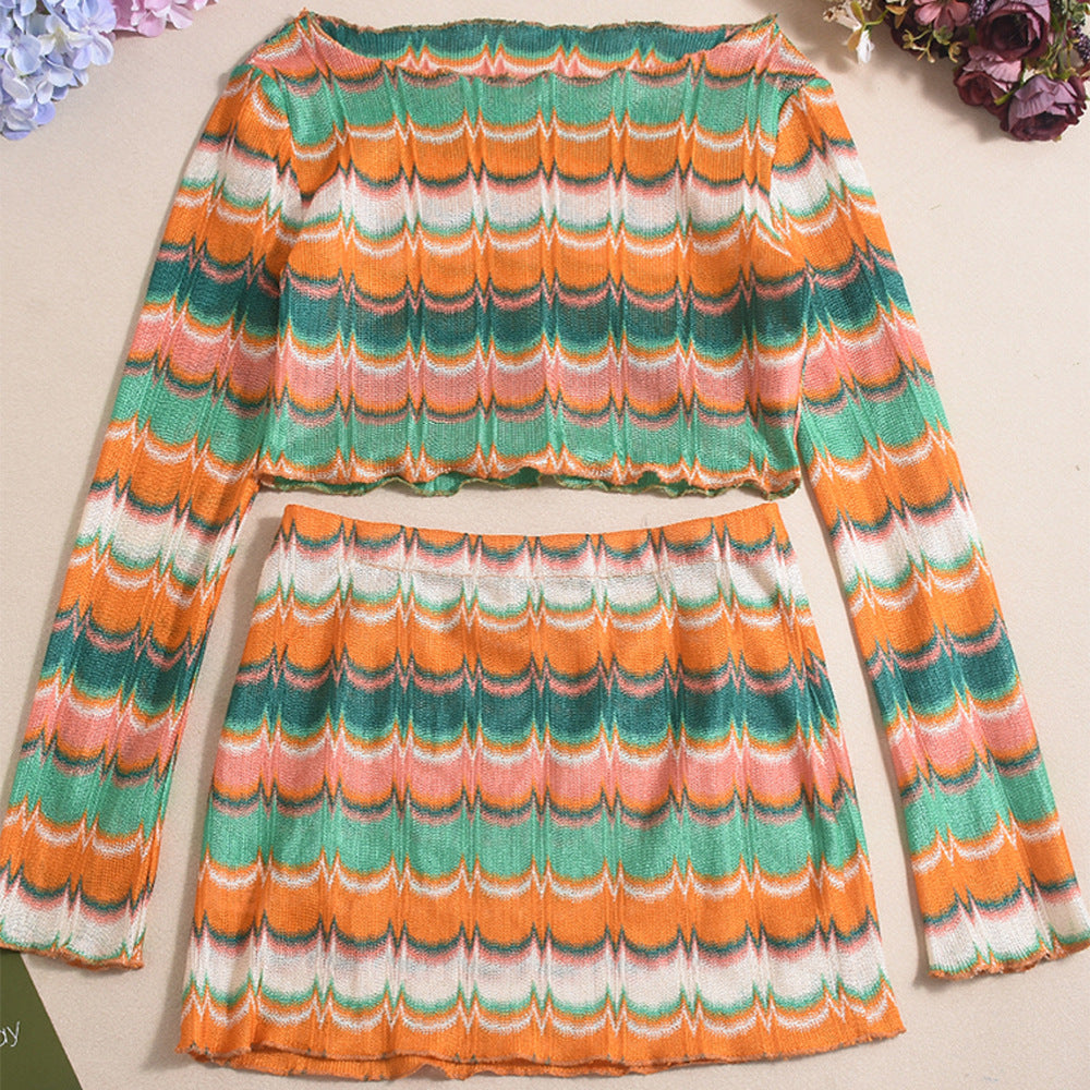 Women's Autumn Winter Sexy Crop Top Yarn-Dyed Multi-Color Skirt Set 11