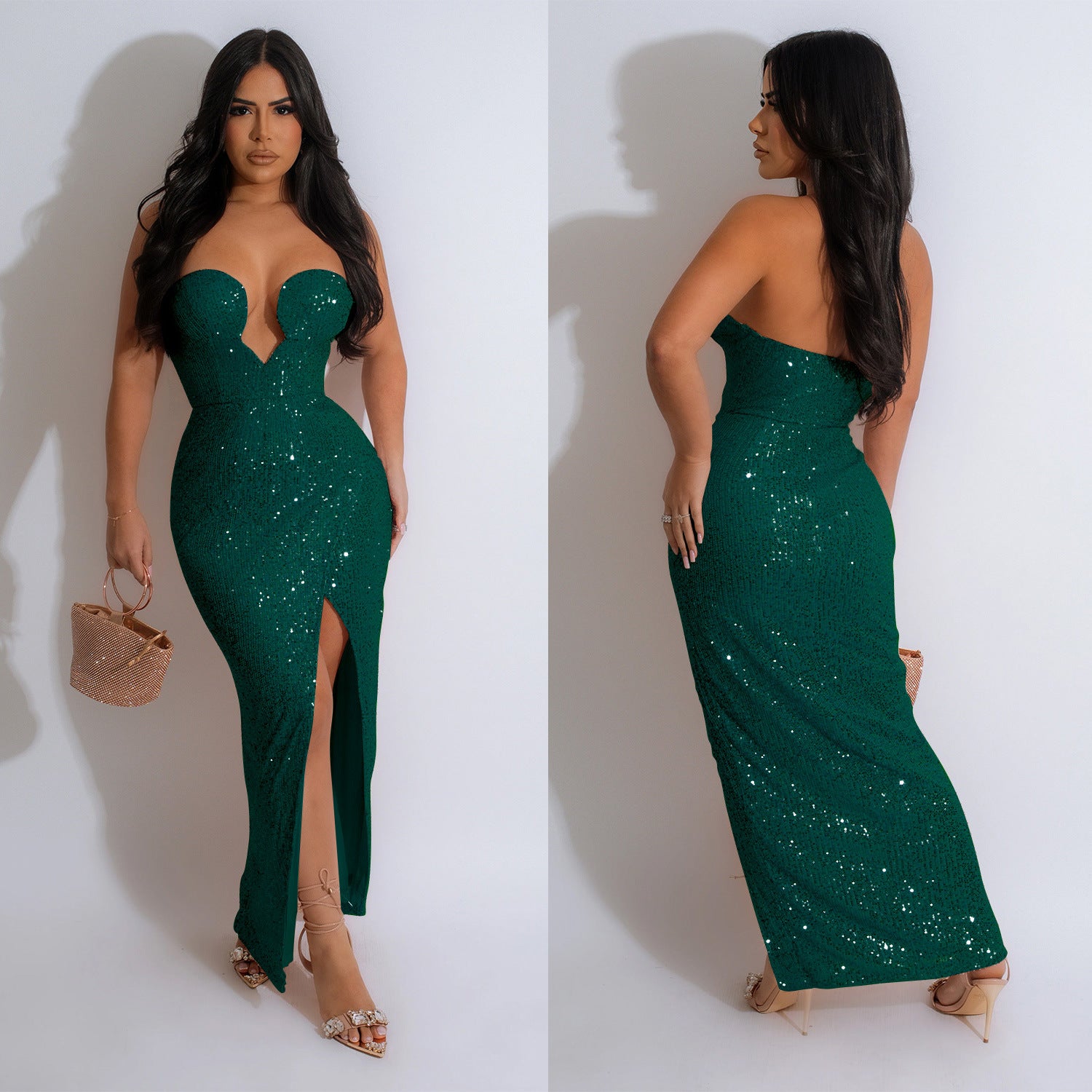 Fashion Women's Solid Color Sexy Sequin Low Back Long Dress 3