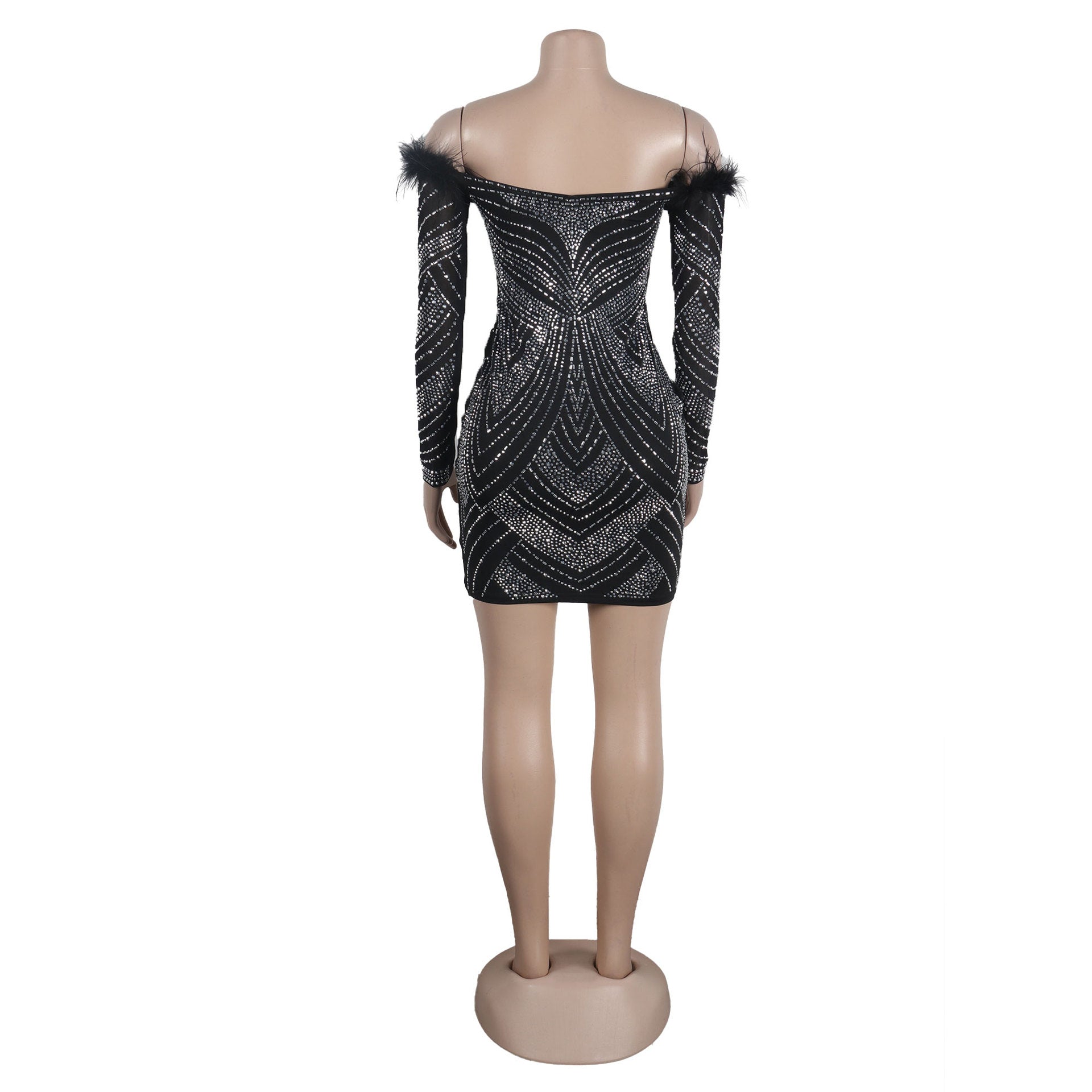 Women's Beaded Feather Off Shoulder Bodycon Dress 16