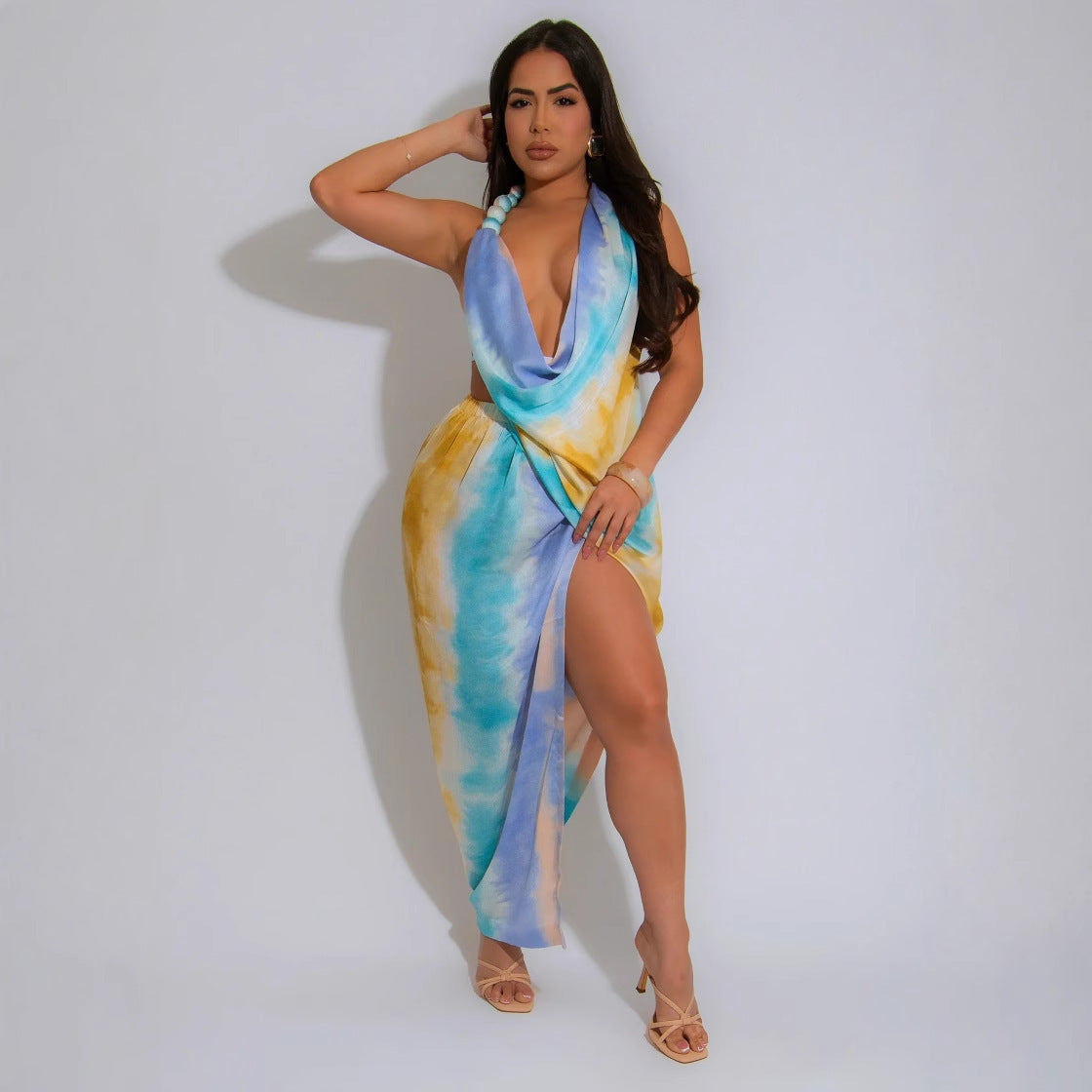 Deep V-Neck Sexy Printed Halter Slit Dress 3