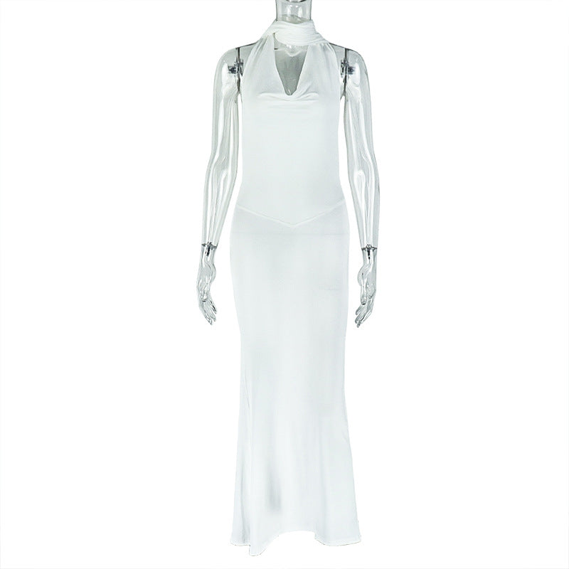 women's Chic draped collar hollow solid color long dress 7