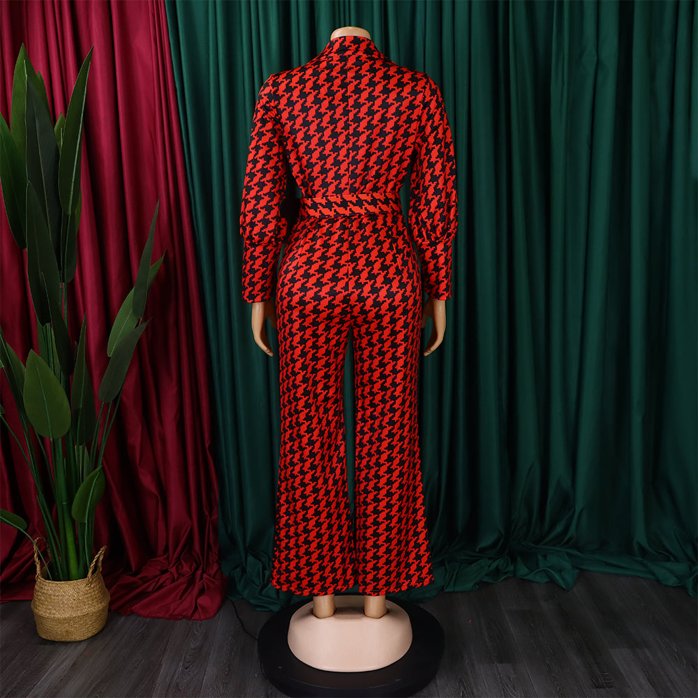 Women's Autumn and Winter V-neck Puff Sleeve Slim Waist Printed Wide Leg Plus Size African Jumpsuit 17