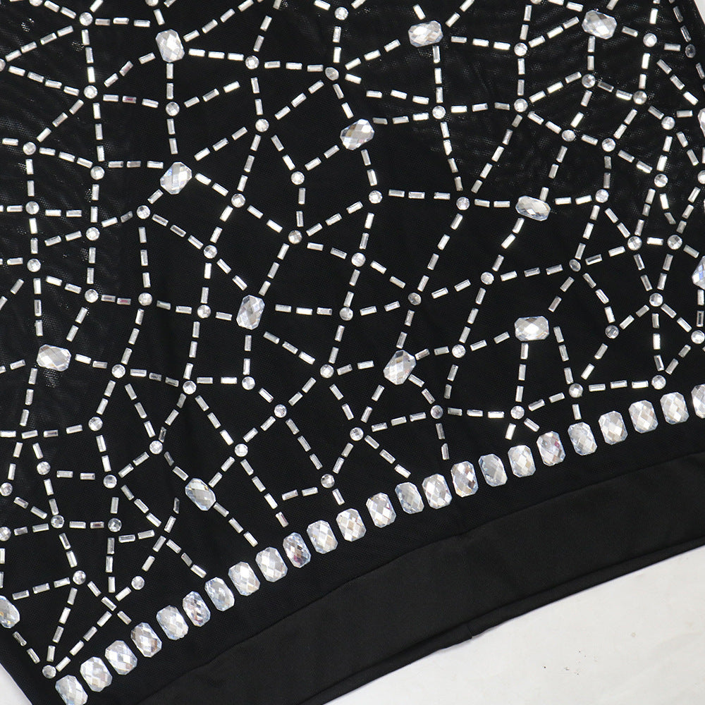 Women Beaded Mesh Sleeveless Round Neck Top and Bodycon Mini Skirt with Panties Two-piece Set 18