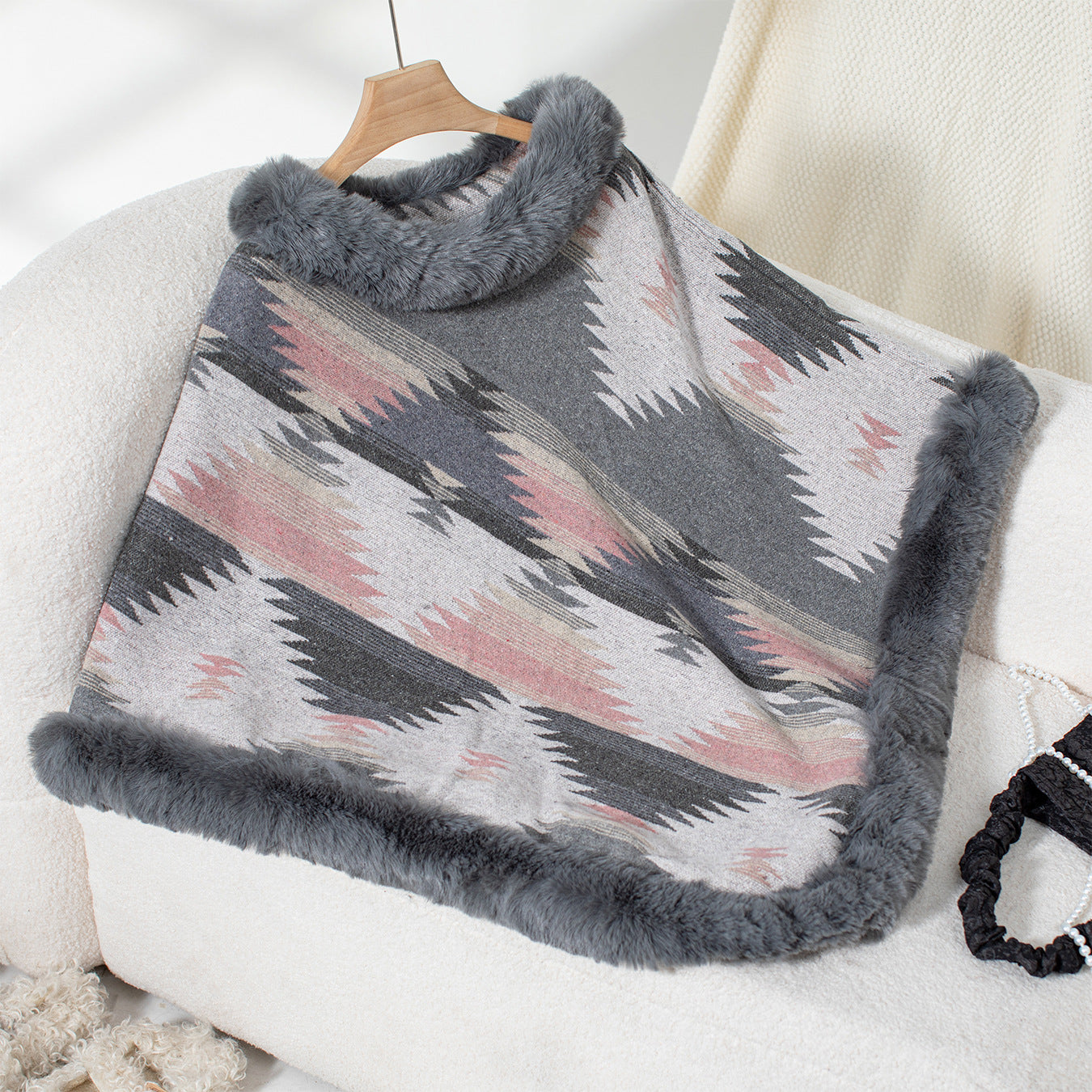 Autumn Winter pullover cloak fur collar geometric pattern knitting shawl sweater 15