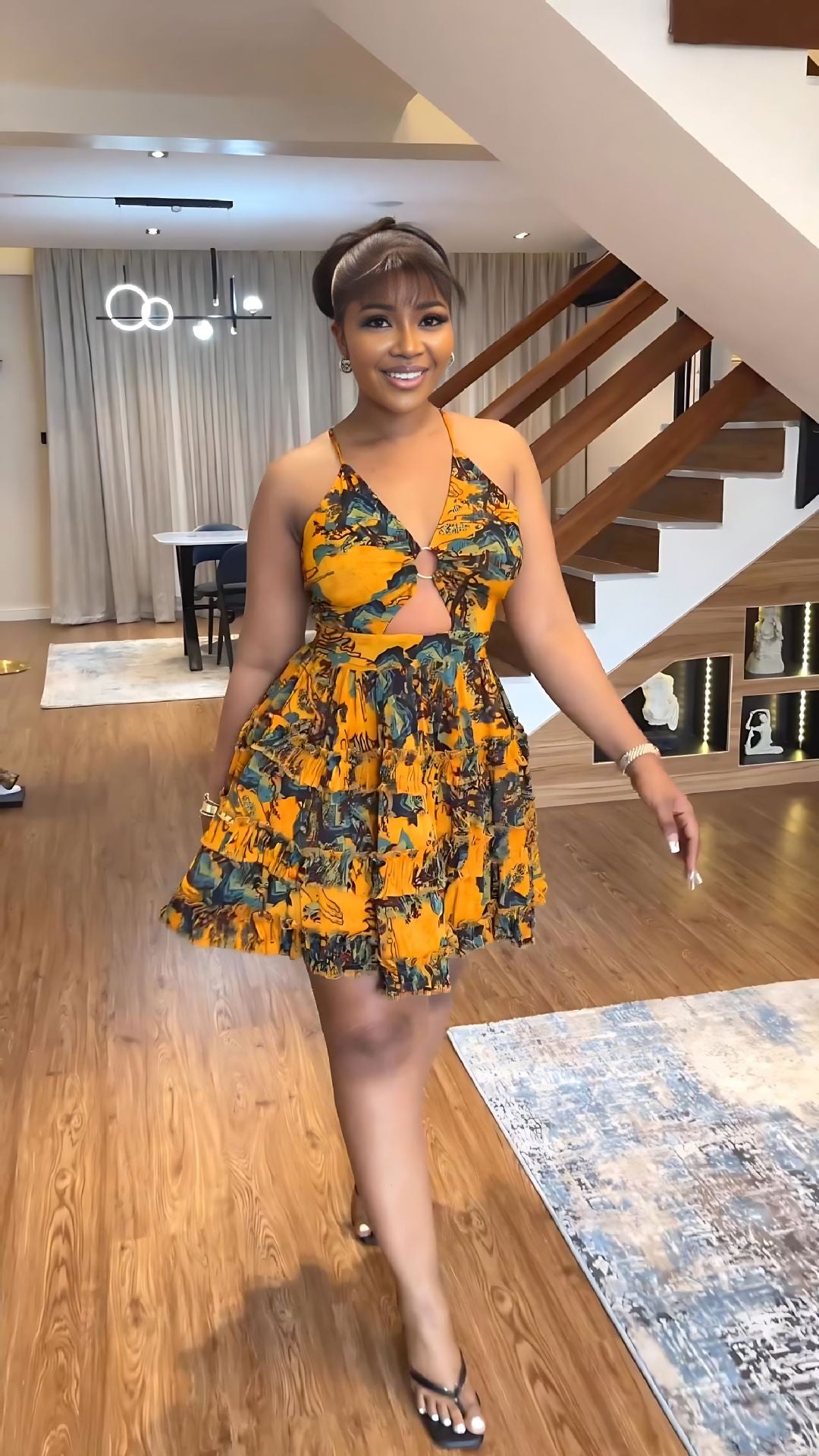 Women Deep V Sexy Camisole Ruffle Edge Print Backless Dress 3