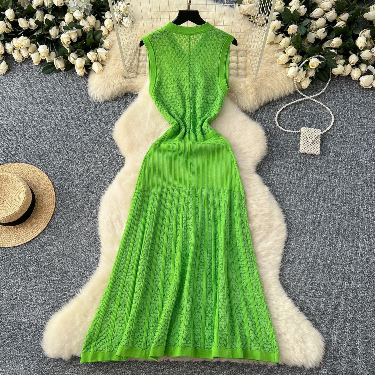 Women Retro V-Neck Sleeveless Hollow Knitting Dress 7
