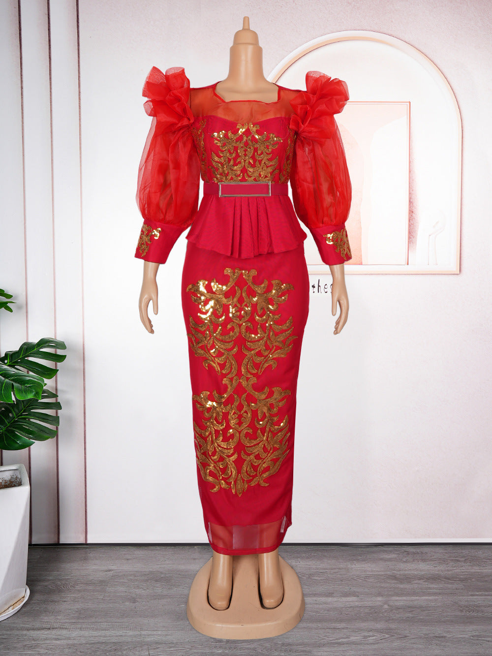 African Plus Size Women's Clothing Patchwork Bubble Sleeve Sequined High Waist Evening Dress 6