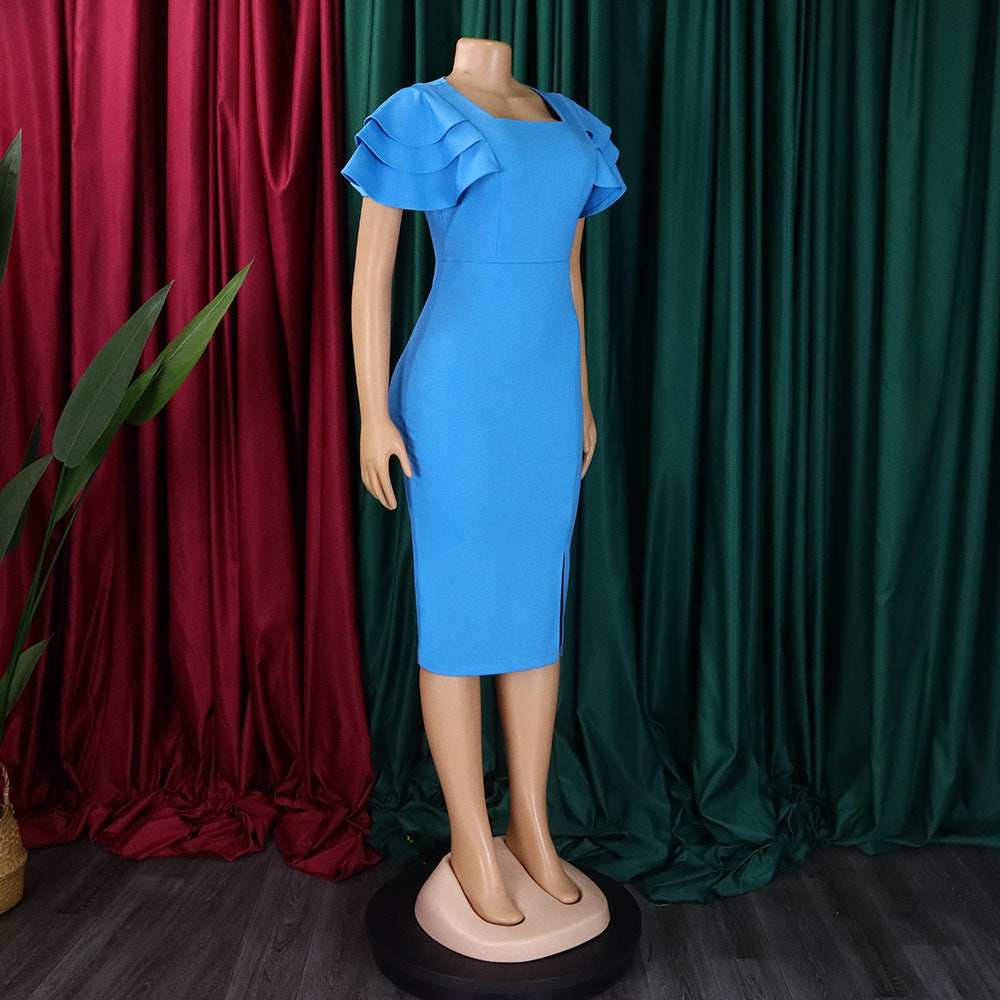 Women's Summer Chic Career Square Neck Short Sleeve Sexy Bodycon African Dress 11