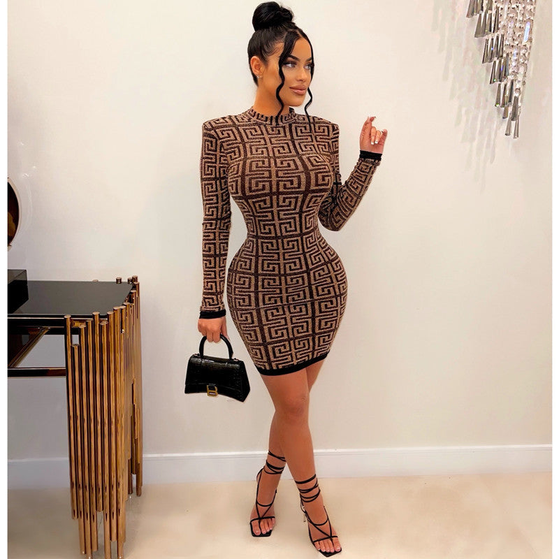 Womens Long Sleeve Printed Bodycon Dress