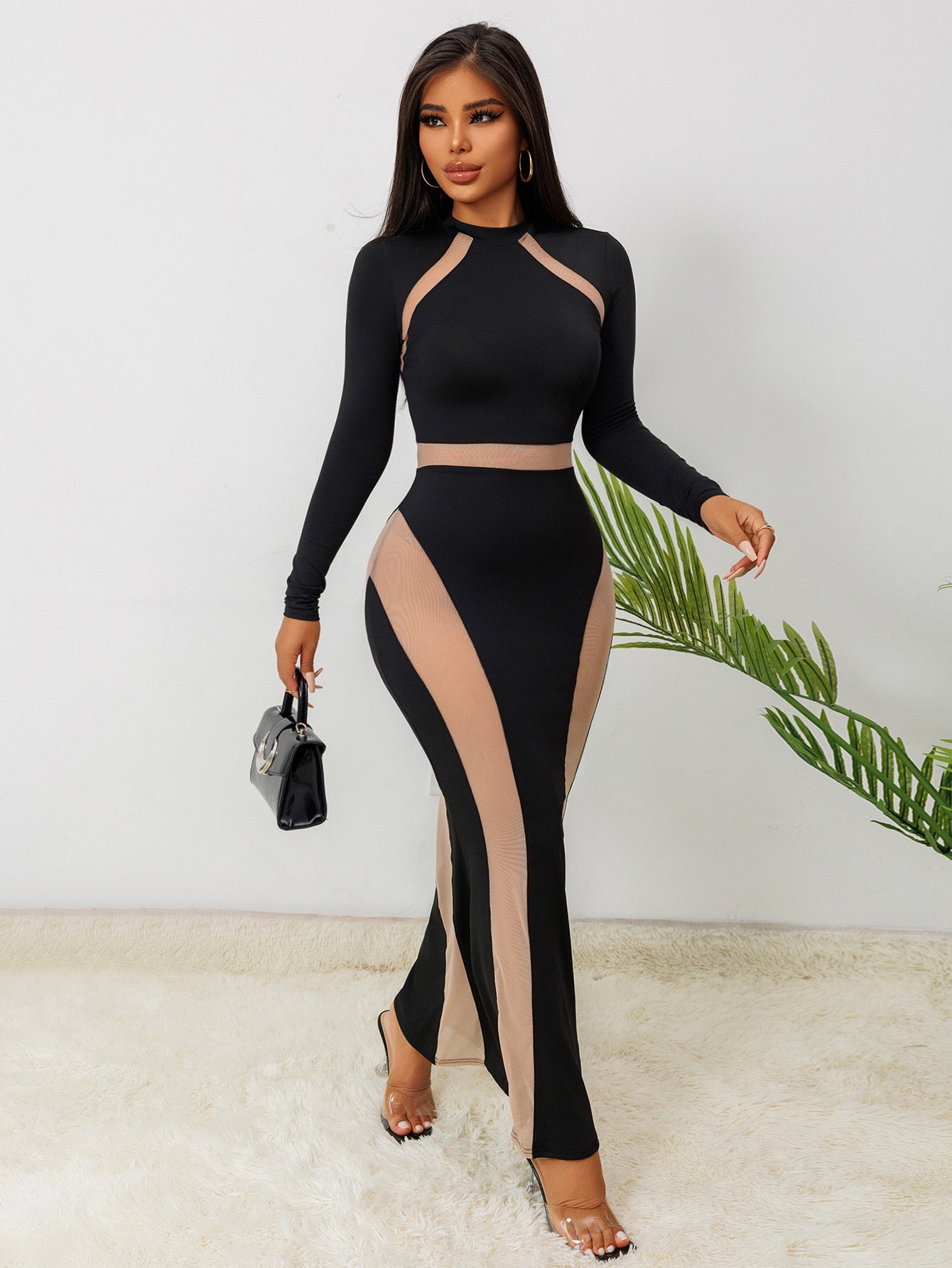Fall Sexy See Through Mesh Patchwork Long Sleeve Slim Nightclub Long Dress 3