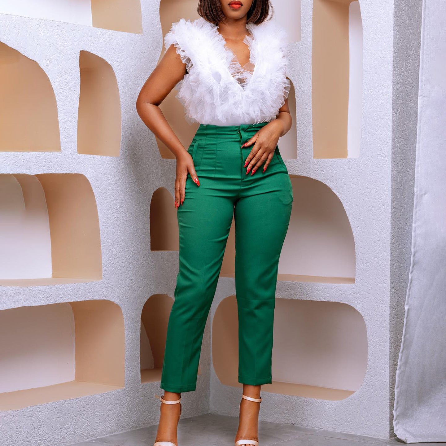 Women's High Waist Tight Fitting Nine Points Career Solid Color Casual Pants 3