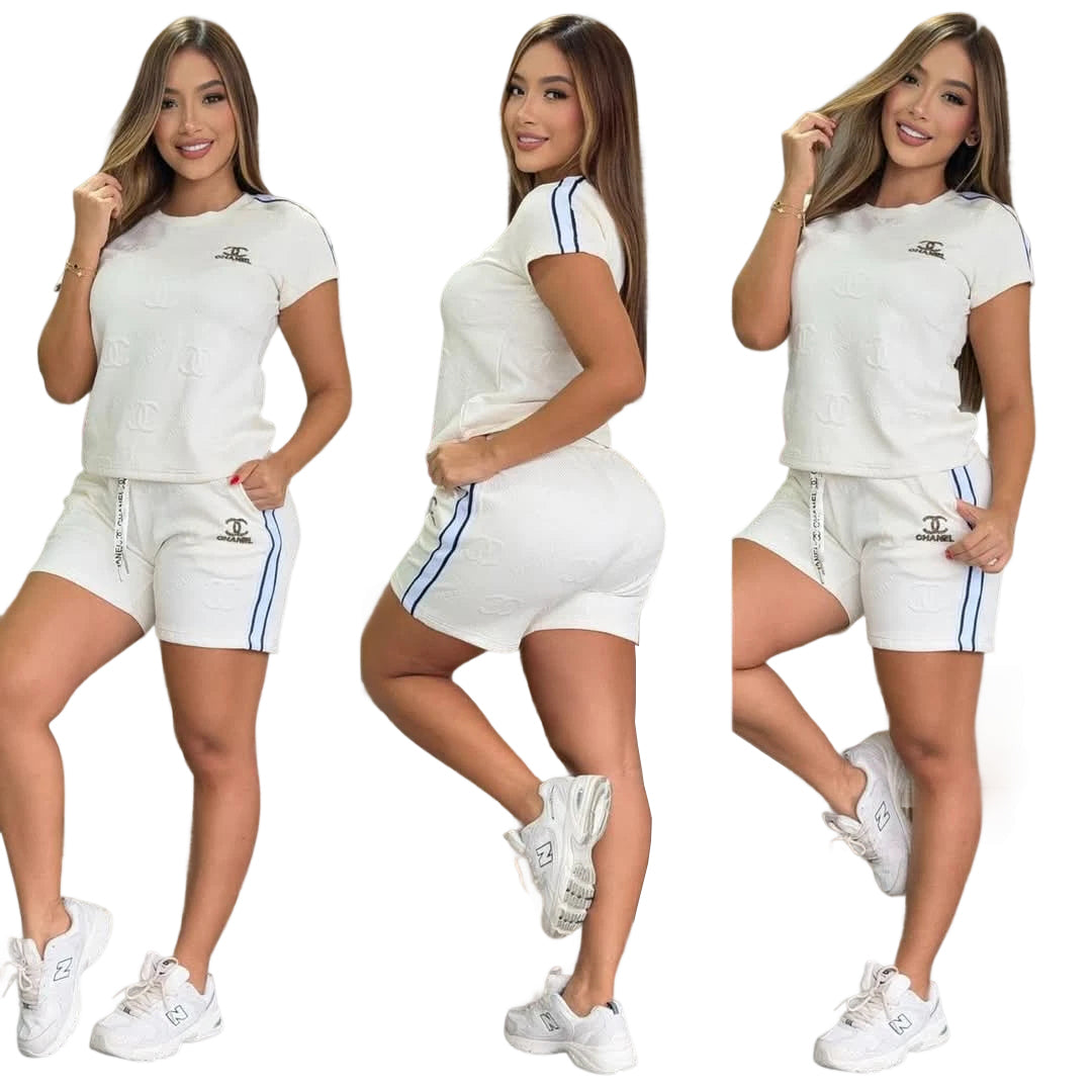 Women Jacquard Short Sleeve Top and Shorts Sports Two Piece Set 31