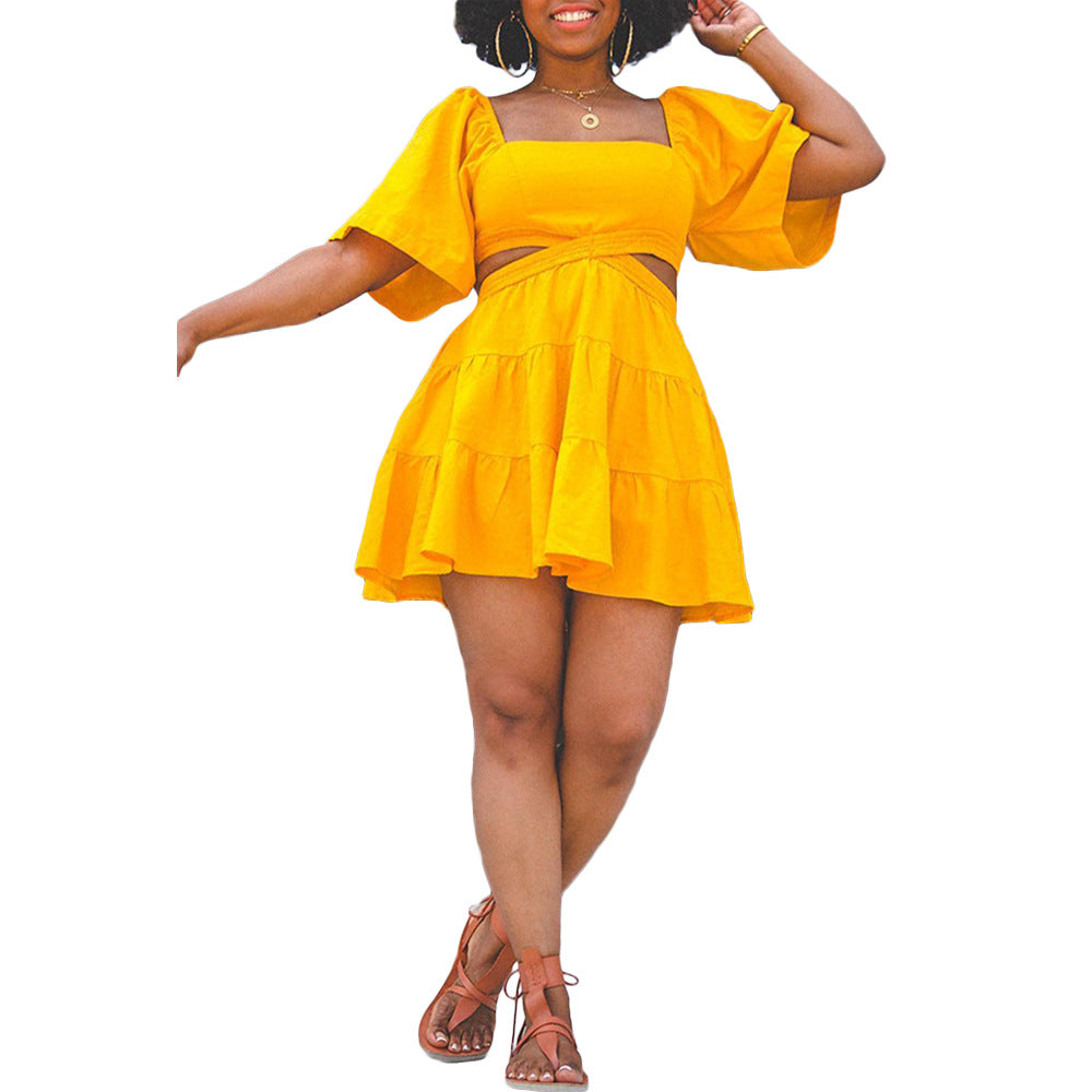 Women Summer Solid Square Neck Cutout Ruffle Dress 5