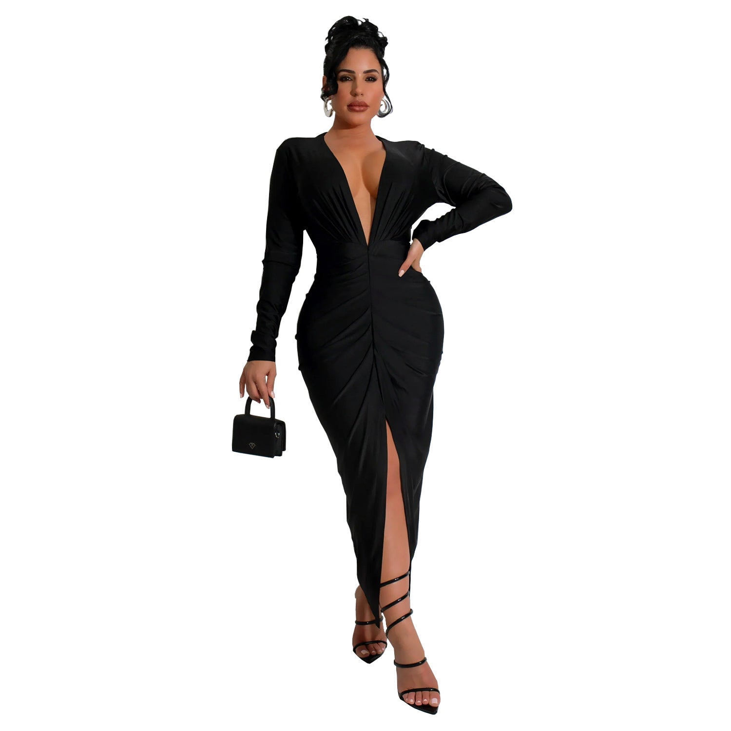 Women V-Neck Slit Solid Dress（customized,MOQ 6pcs/size/color,process time 7-10 days） 8