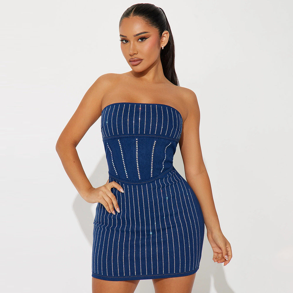 Strapless Beaded denim bodycon Dress 4