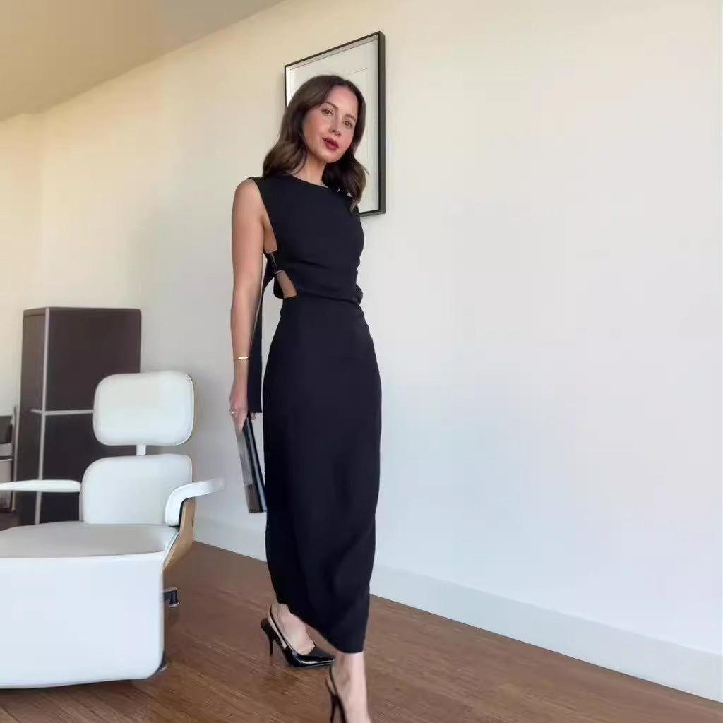 Summer solid color round neck sexy low back High slit long dress