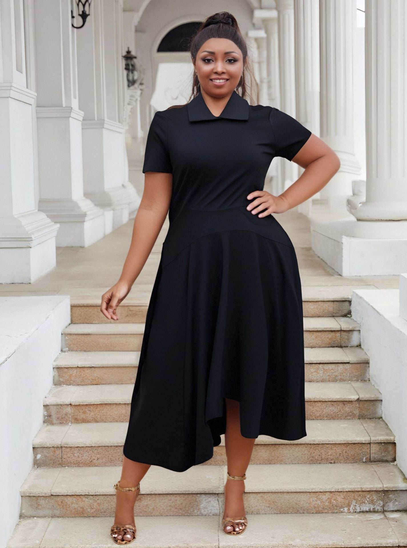 Plus Size Women Turndown Collar Irregular Elegant Dress 4