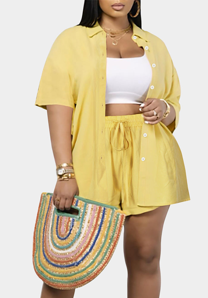 Women's Casual Fashion Short Sleeve Turndown Collar Shirt Elastic Waist Shorts Set