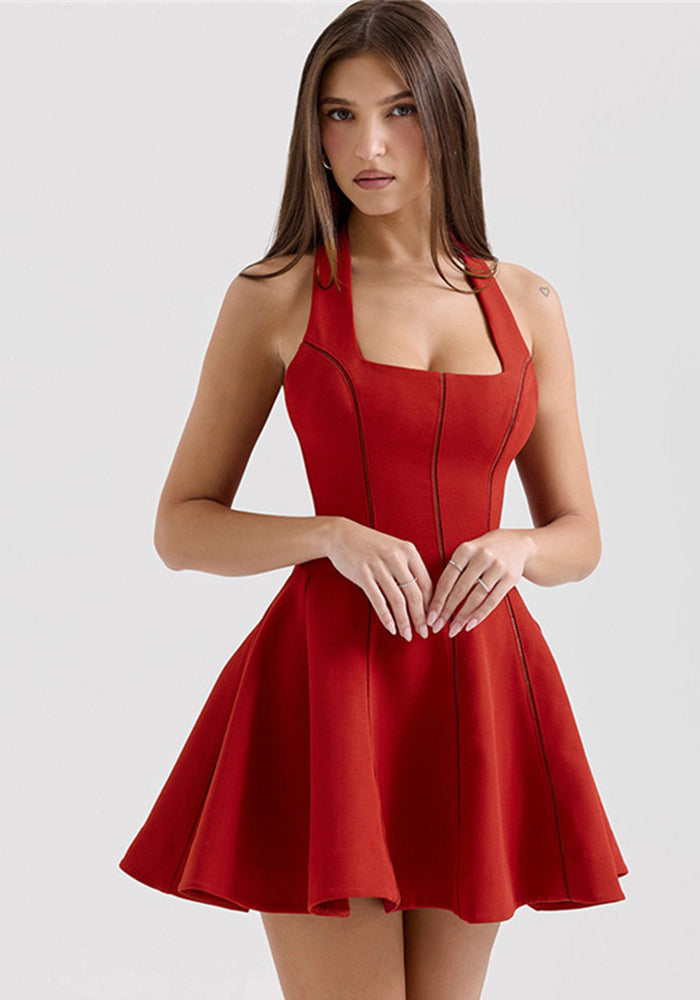 Spring Women French Halter Neck Solid Dress